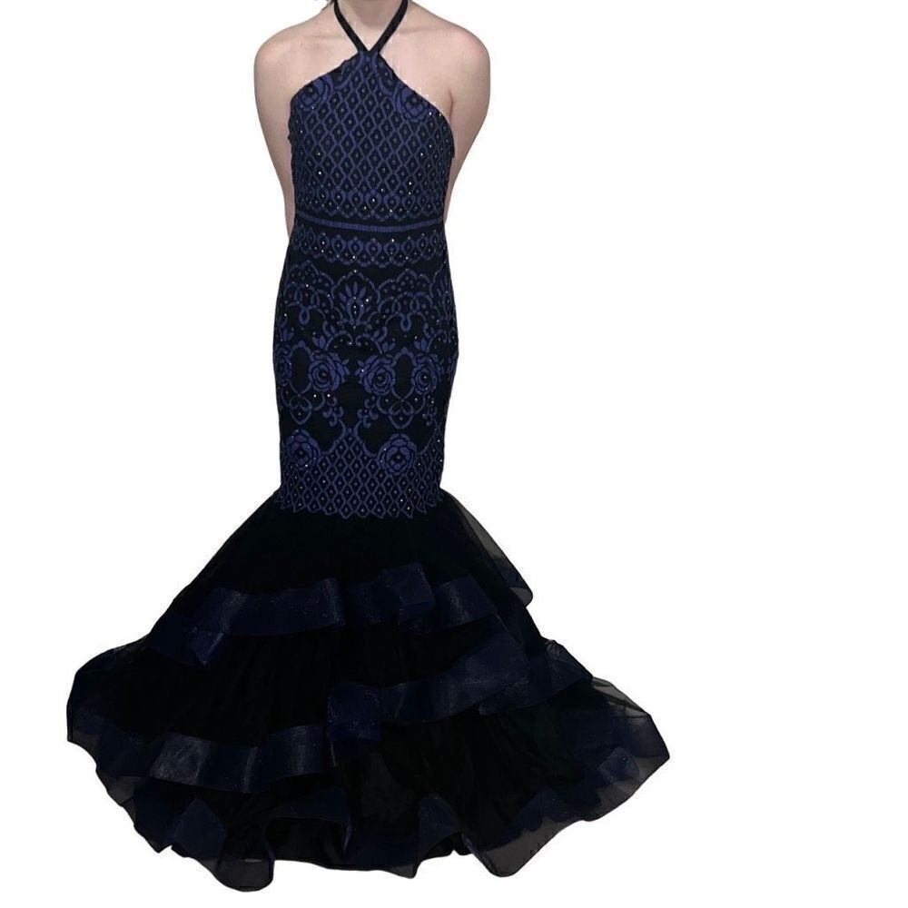 Madison James Black Navy Lace Mermaid Prom Dress Halter neck Tulle Skirt sz 8